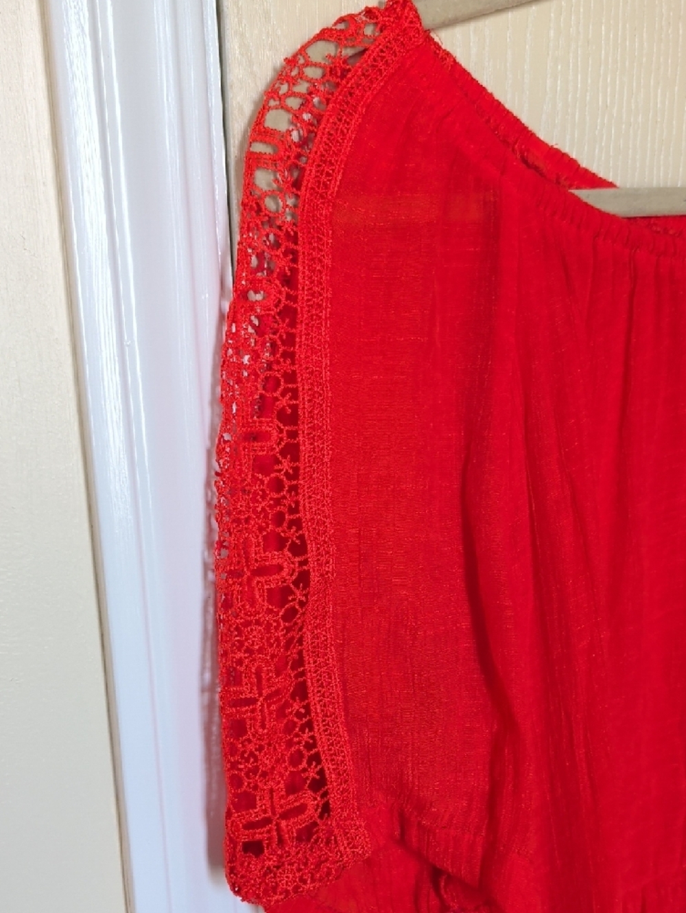 Peasant Top Crochet Trim (Hi/Low) Cotton Gauze - Bright Orange (Size L) - Picture 5 of 5